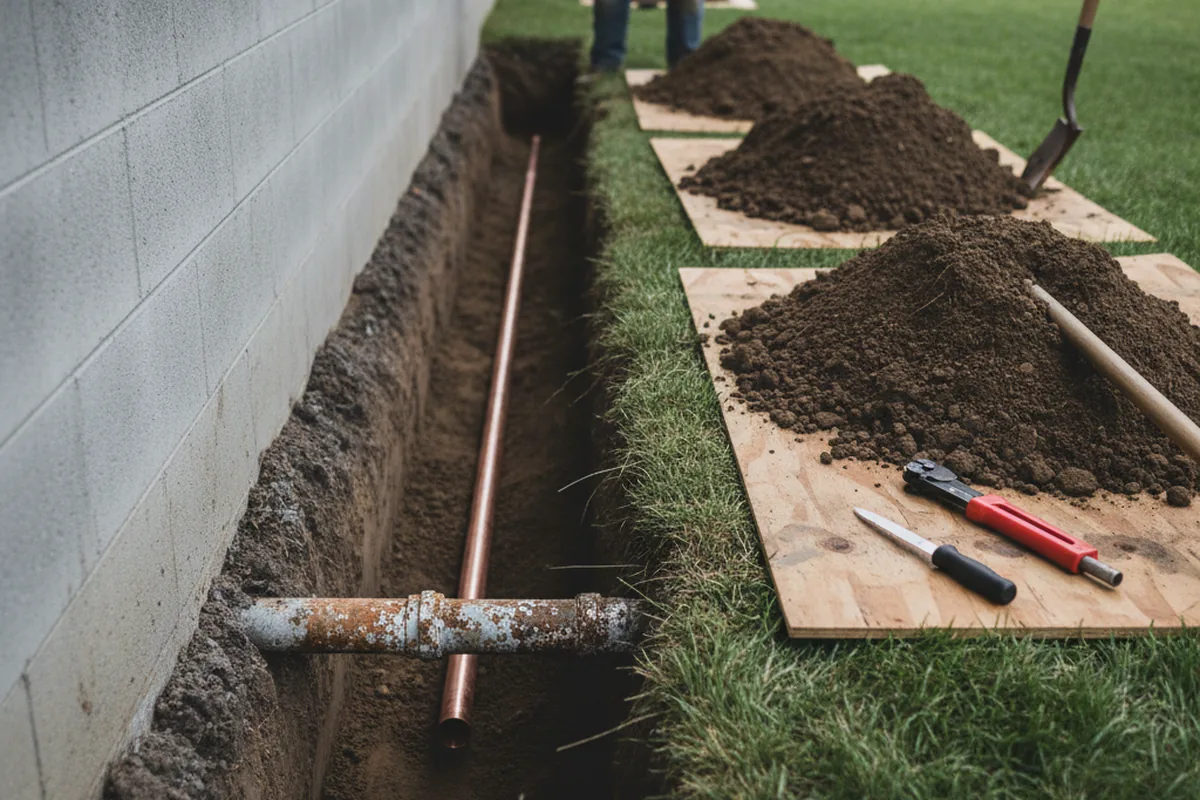 Excavated water line trench during Water Softener Installation in Del Rey